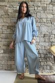 Arbi Gingham Peasant Smock Blouse Denim